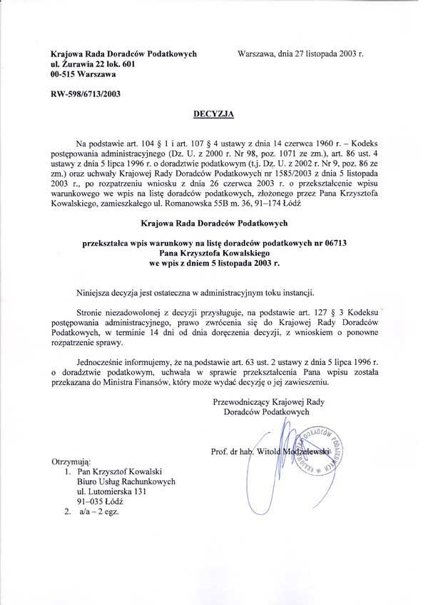 Certyfikat „BILANS” B.U.R. Krzysztof Kowalski