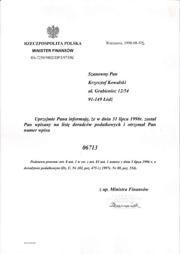 Certyfikat „BILANS” B.U.R. Krzysztof Kowalski