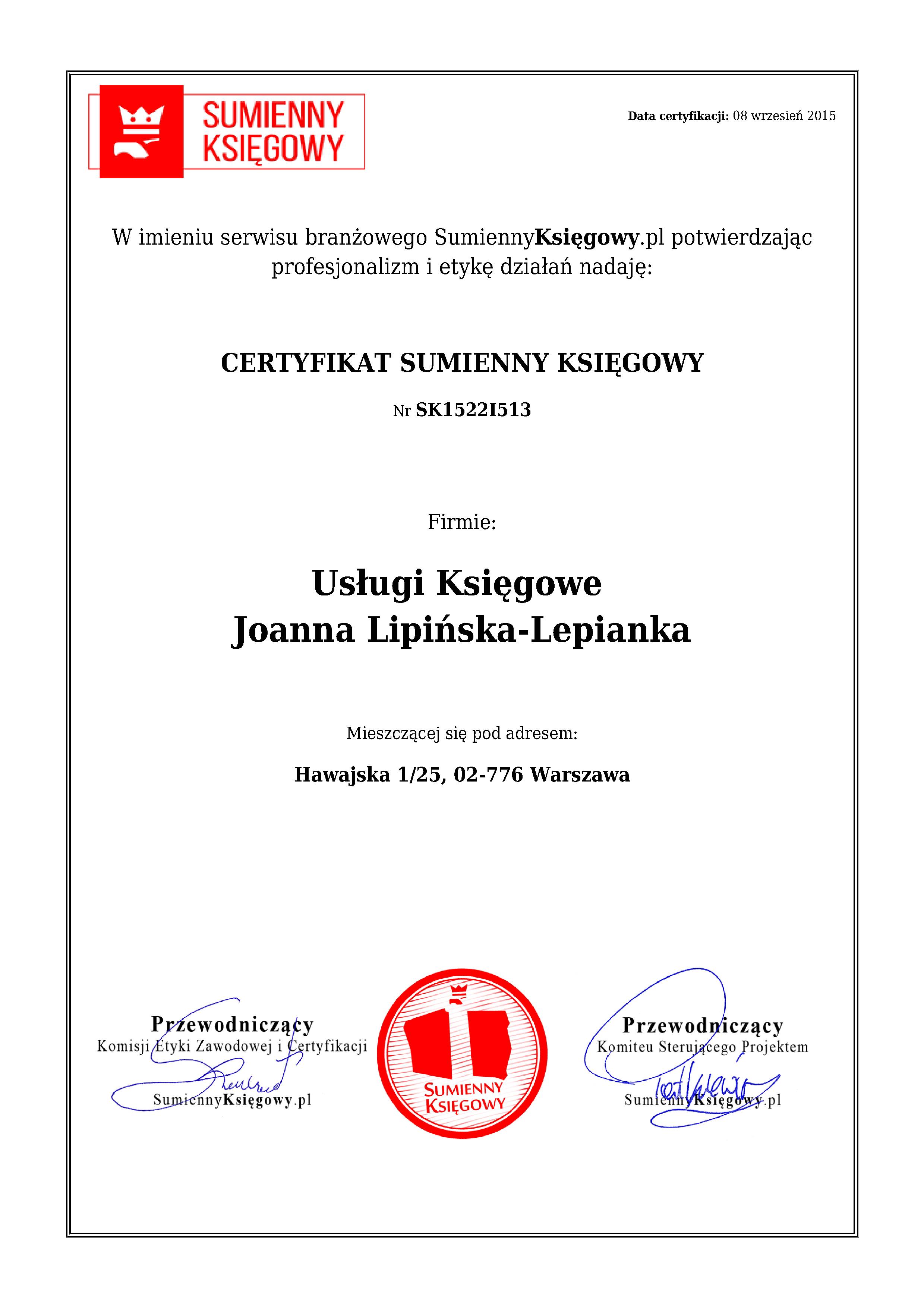 Usługi Księgowe Joanna  Lipińska-Lepianka  certyfikat 1