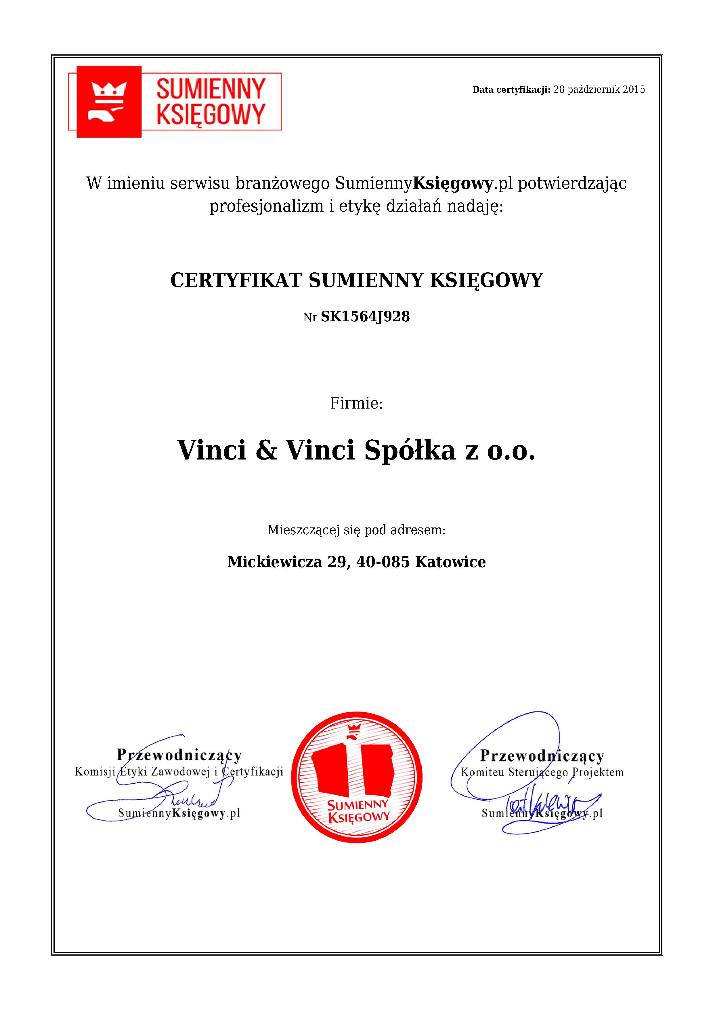 Vinci & Vinci Spółka z o.o. certyfikat 1