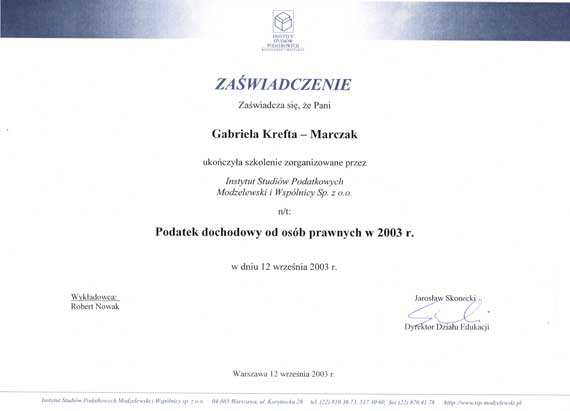 Gabi Biuro Rachunkowe Gabriela Krefta-Marczak  certyfikat 5