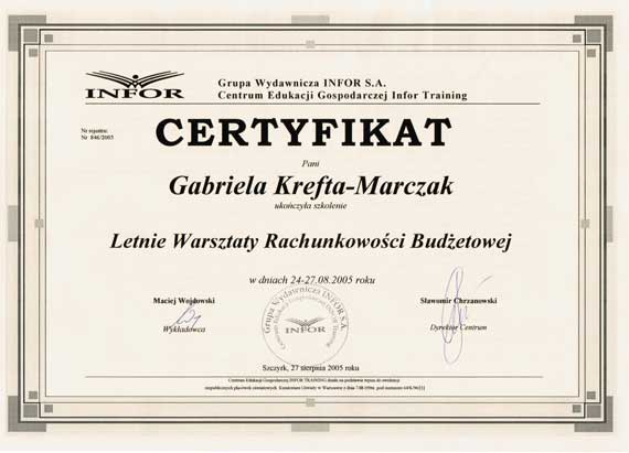 Certyfikat Gabi Biuro Rachunkowe Gabriela Krefta-Marczak 