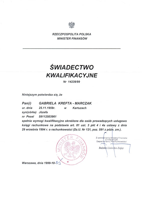 Certyfikat Gabi Biuro Rachunkowe Gabriela Krefta-Marczak 