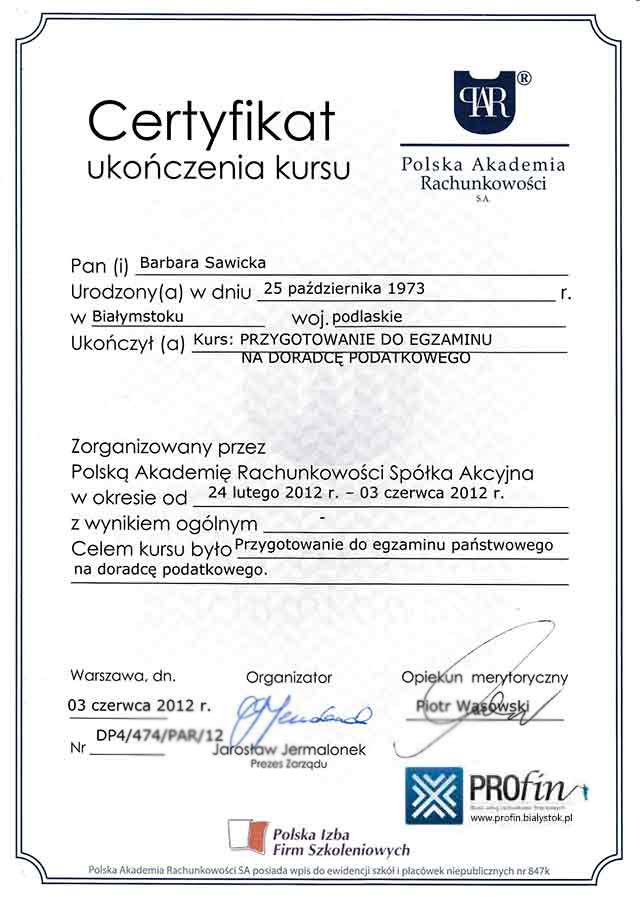 Certyfikat PROFIN Barbara Sawicka 