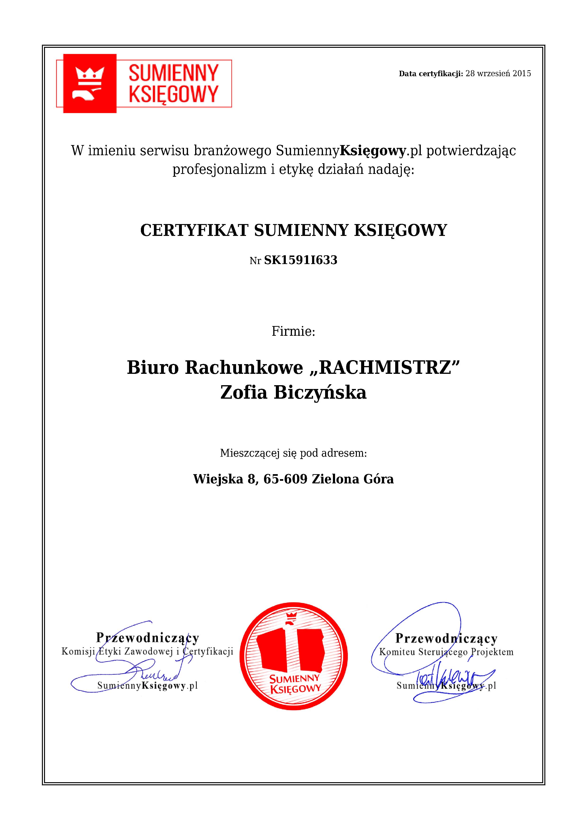 Biuro Rachunkowe „RACHMISTRZ” Zofia Biczyńska certyfikat 1