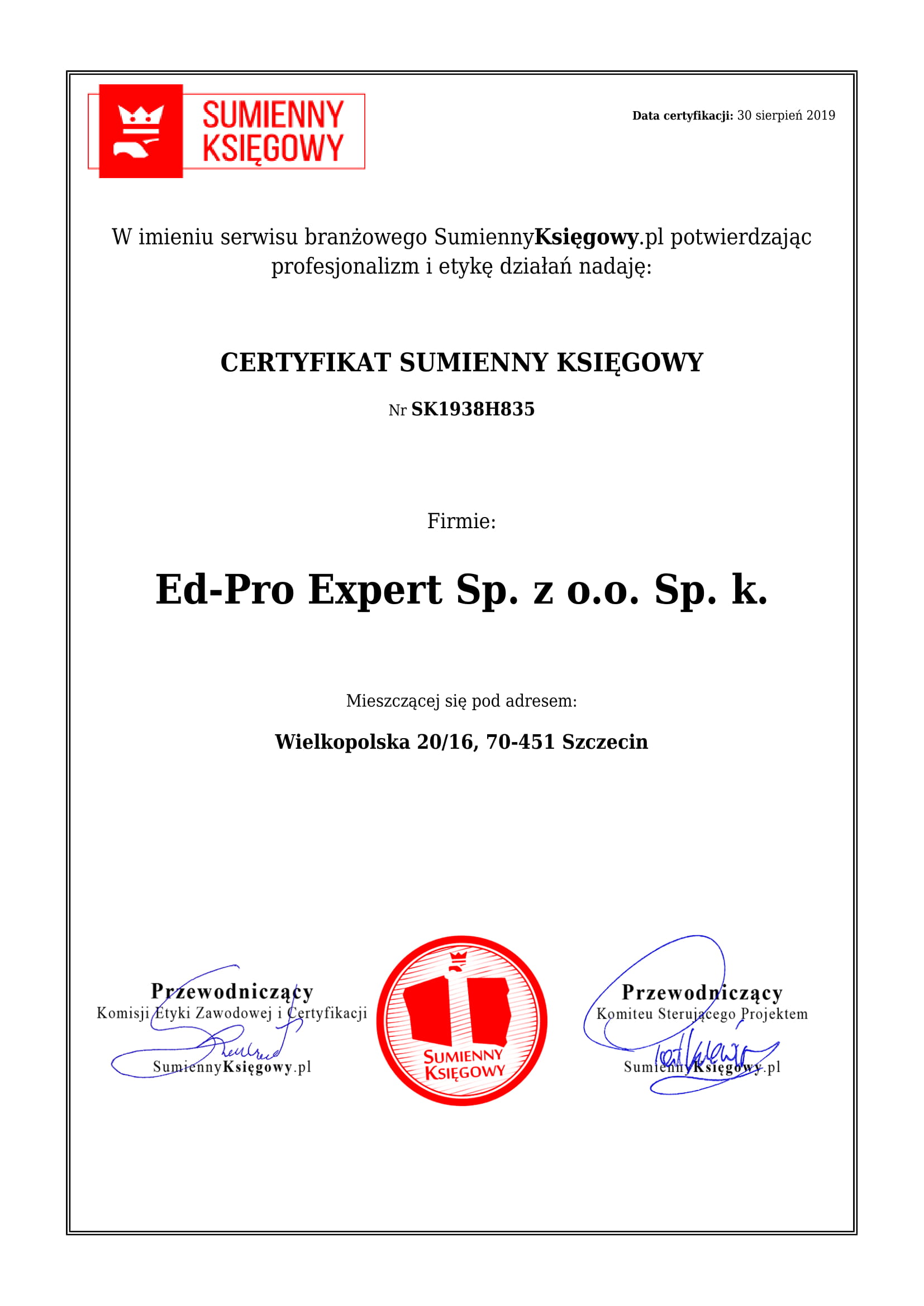 Certyfikat Ed-Pro Expert Sp. z o.o. Sp. k.