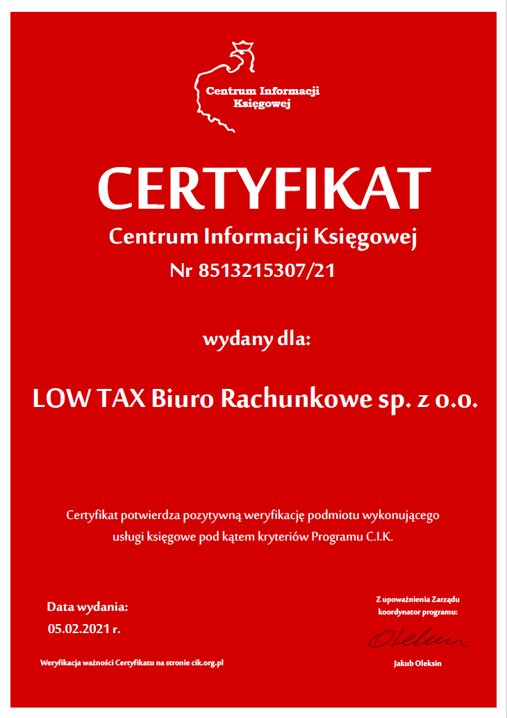 LOW TAX Biuro Rachunkowe Sp. z o.o. certyfikat 2